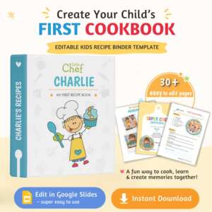 Personalized kids recipe binder template with editable first cookbook pages, cooking certificate, and printable recipe sheets